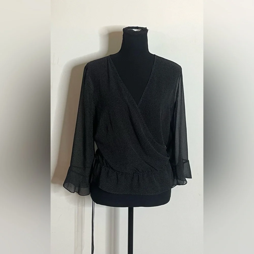 LOFT- Black and White Dotted Wrap Blouse Size 12 - Picture 1 of 5